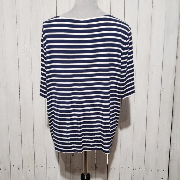 Chico's XL Top Blouse Blue White Striped Short Sleeve Tie Front Knit Stretch - Picture 4 of 5